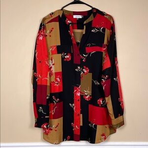 Calvin Klein Women’s Floral Geometric Pattern Print Button-Up Long Sleeve Blouse